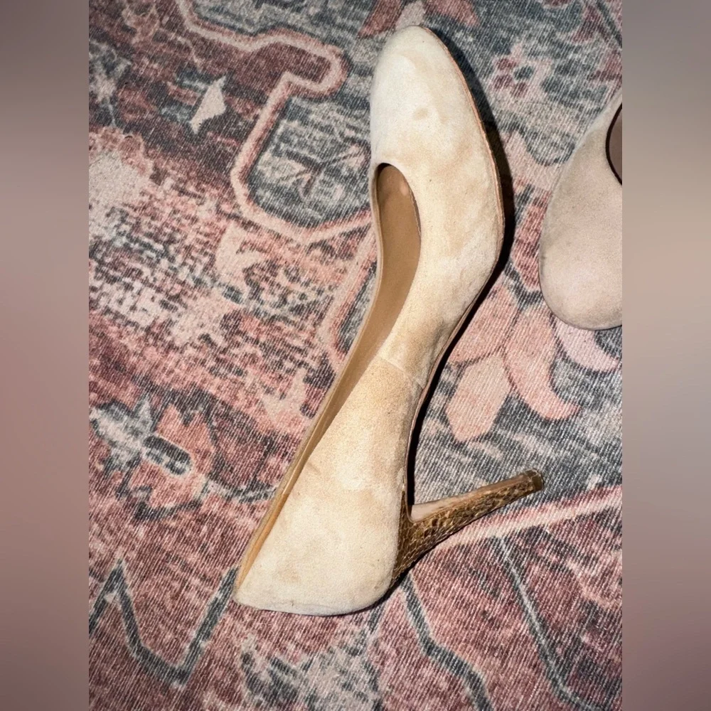 Taupe Tory Burch Mabel Suede Pumps with Snakeskin‎ Heel